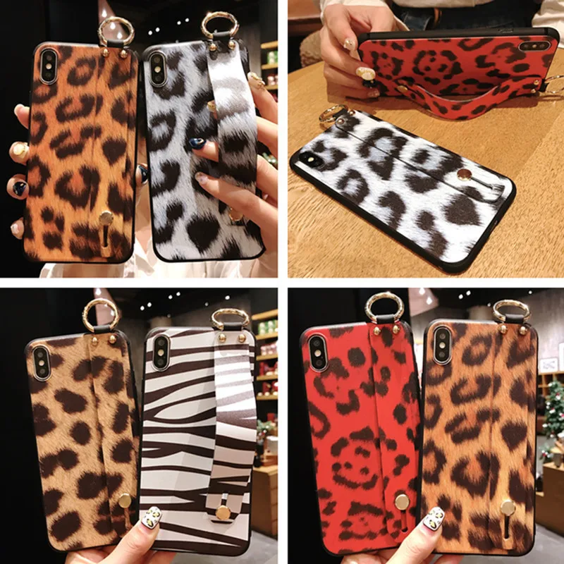 

Leopard wristband bracket silicone soft case for iPhone X XS XR XSMax 8 7 6 6S PluS 5 5s 5SE Embossed drop protection cover