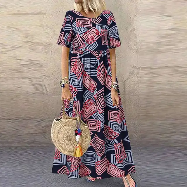 ZANZEA Fashion Summer Maxi Dress Women's Printed Sundress Casual Short Sleeve Vestidos Female High Waist Robe Femme A2 Red Rayon