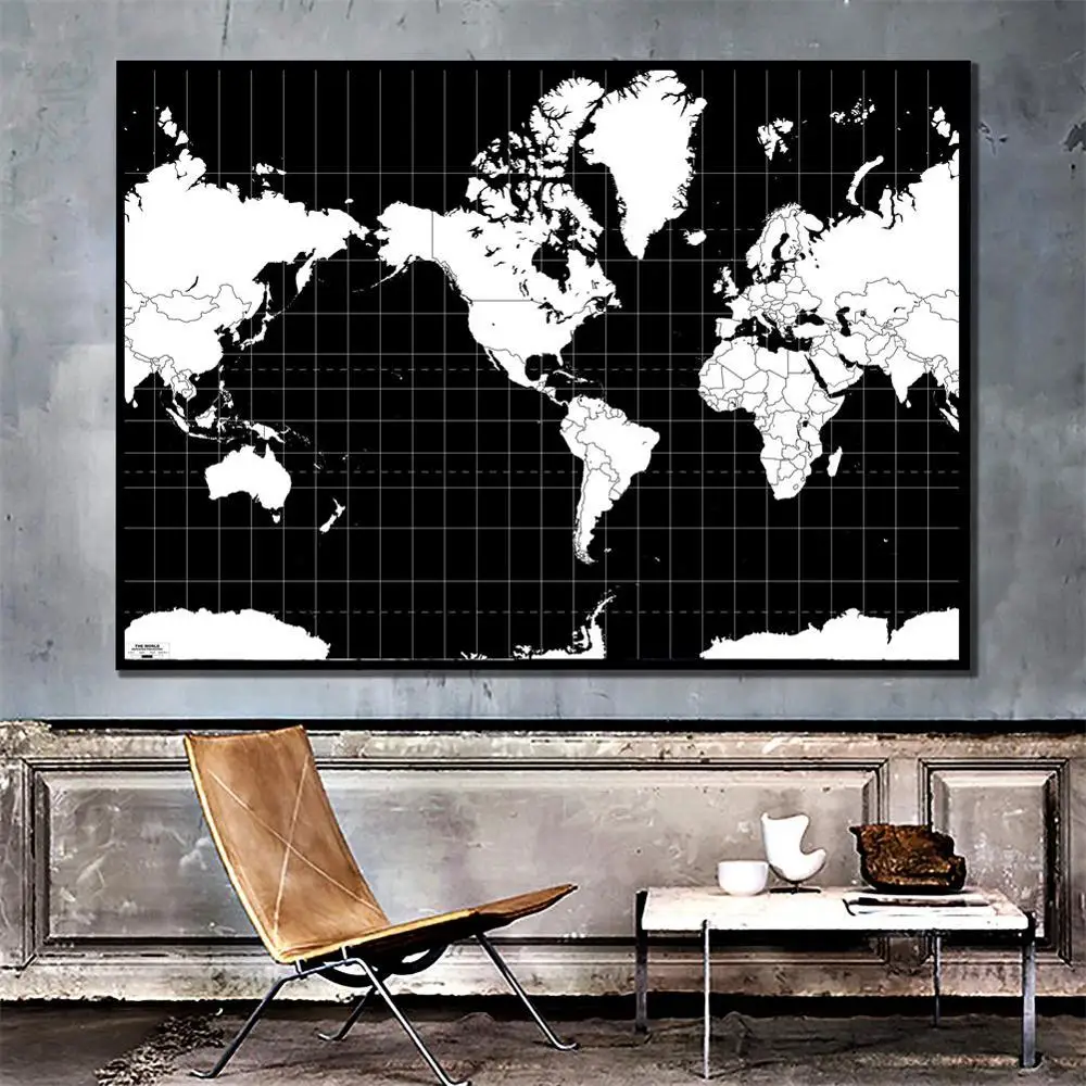 

150x225cm Mercator Projection World Map Aerial View Black And White Plate Map For Home Wall Decor Painting