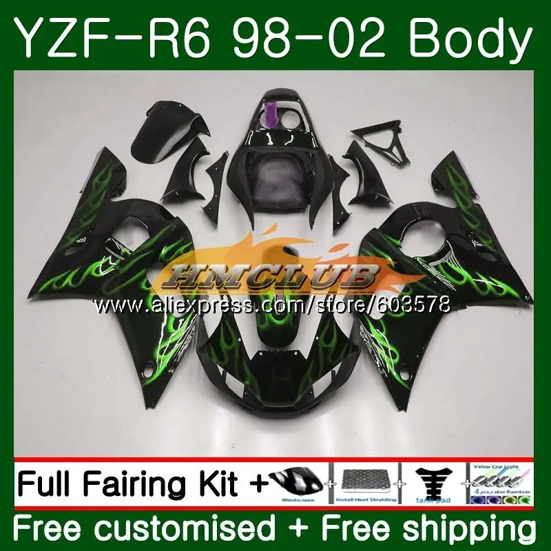 No. 1 Корпус для YAMAHA YZF600 YZF-R6 1998 1999 2000 2001 2002 53CL. 19 YZF R6 600 R 6 YZF-600 YZFR6 98 99 00 01 02 обтекателя зеленый пламя - Цвет: No. 1