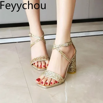 

Women Sandals Super High Heel Peep Toe Crystal Buckle Ankle-Strap Sequined Cloth 2020 New Sexy Fashion Casual Gold Silver White