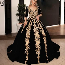 Элегантное арабское выпускное платье года в Дубае Золотая кружевная Апликация знаменитостей с v-образным вырезом полурукав вечернее платье торжественное Пышное Платье