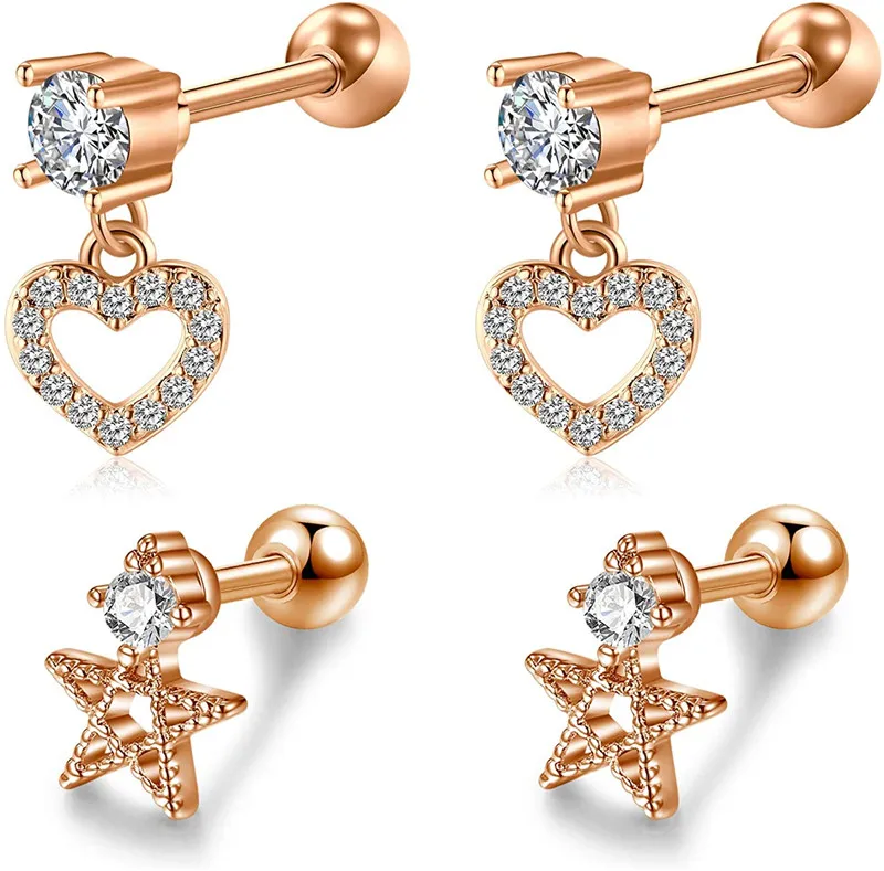 

4Pcs Helix Tragus Earrings Surgical Steel with Star Heart Dangle and Snowflake inlaide CZCartilage Earrings Ear Piercing Jewelry