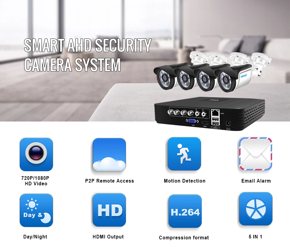 Smcctv 4CH 720 P/1080 P комплект камеры AHD P2P HDMI H. 264 DVR система видеонаблюдения Водонепроницаемая наружная камера безопасности комплект