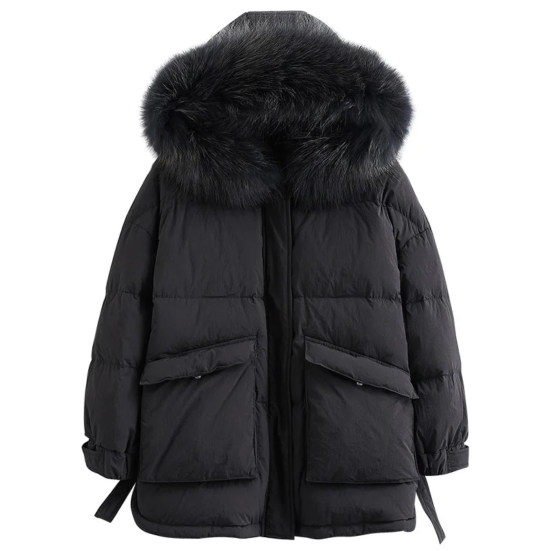 

New Fashionable Down Jackets Long Raccoon Hair Lead Personality Keep Warm Loose Coat