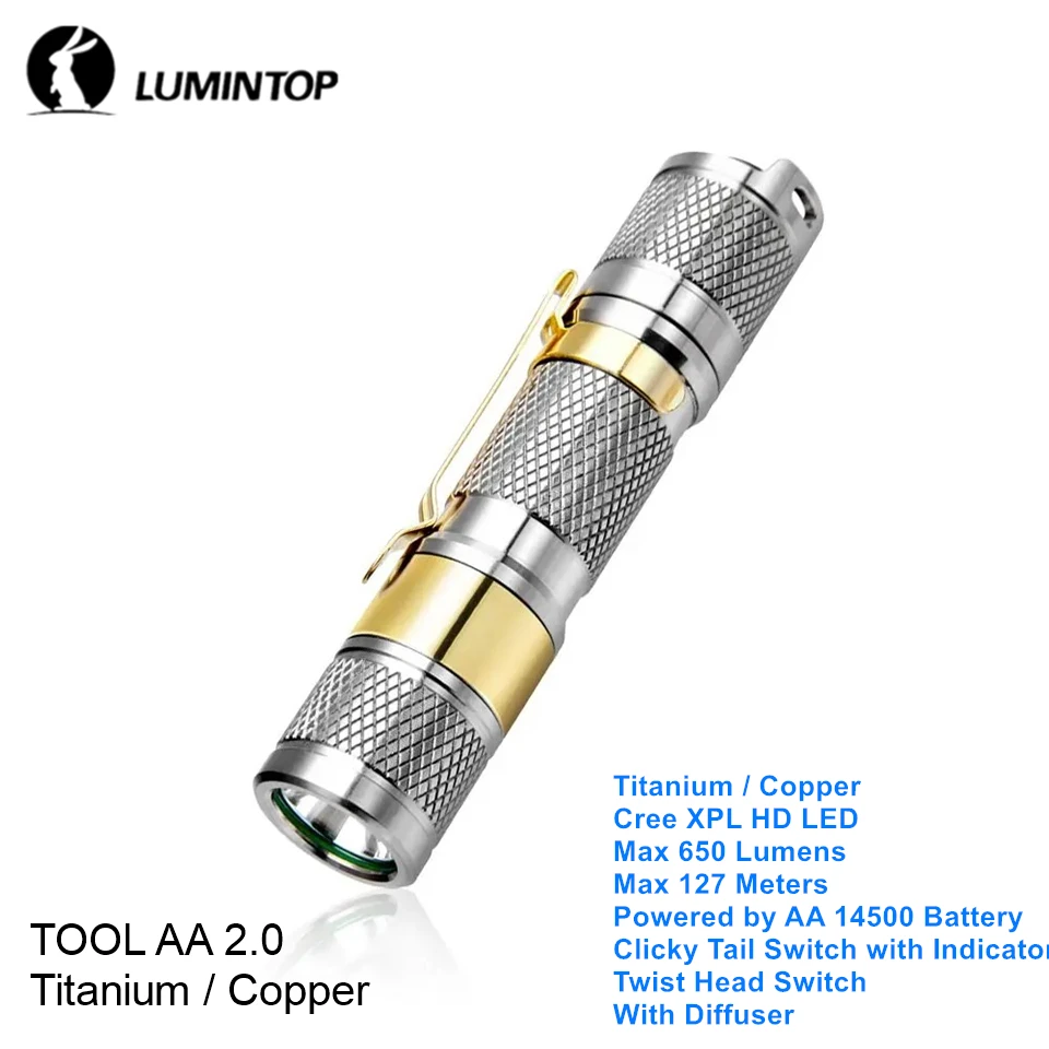 Lumintop TOOL AA 2.0 Titanium Copper Cree XPL HD LED Camping Flashlight Small Bright Key-chain AA 14500 Hand Torch with Diffuser