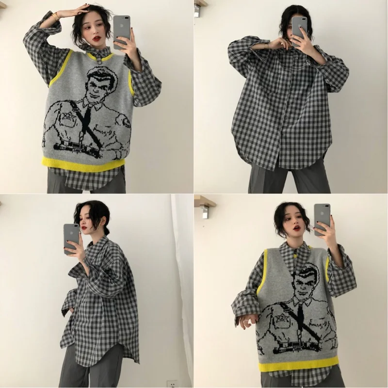 Vintage Cartoon Printed Knitted Sweater Vest Casual Sleeveless Loose Pullover Tank Tops Female Oversized Pullovers Femme