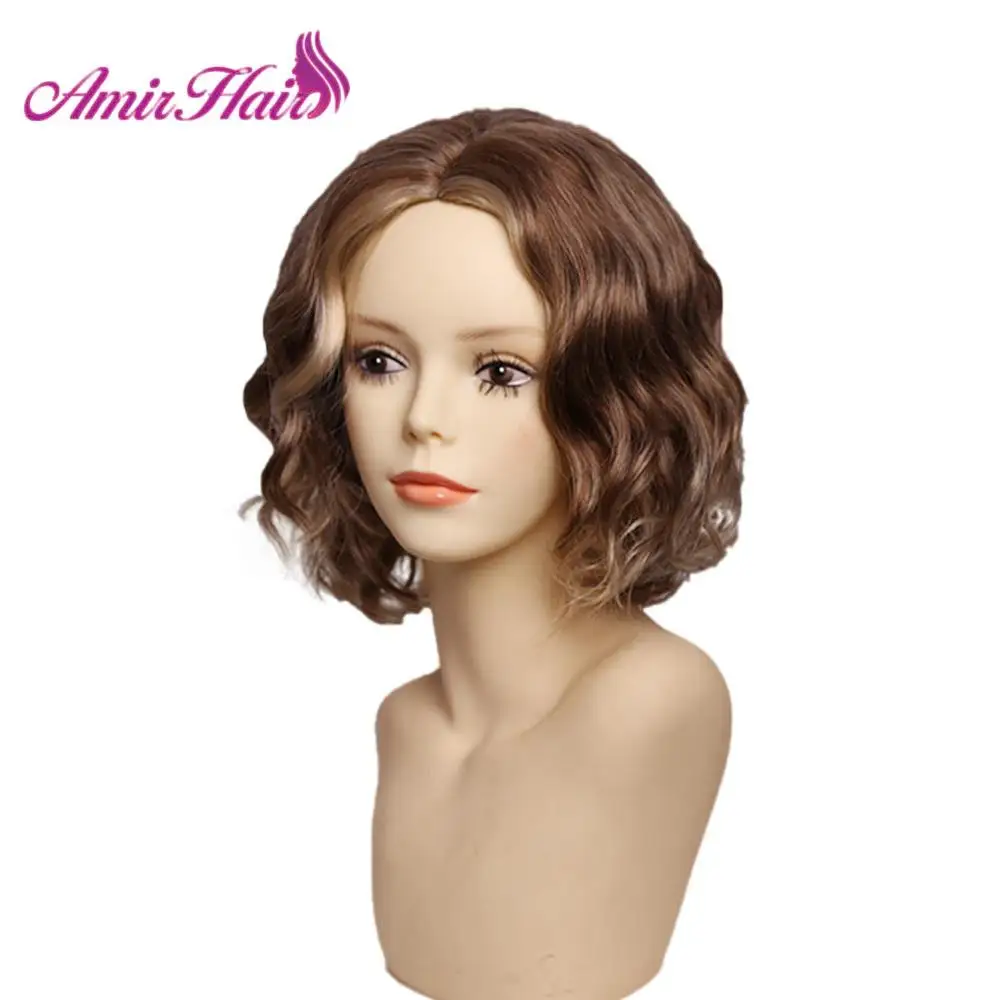 

Amir short Wavy synthetic Wigs with bangs Ombre color Blond mixed brown BOB hairstyle full wig for black women Heat Resistant