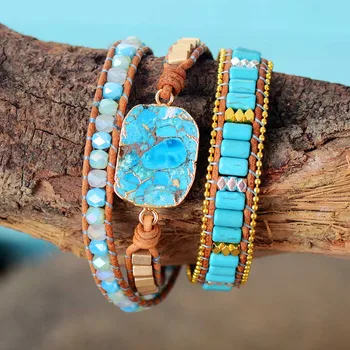 Multilayers Women Leather Wrap Bracelets W/ Turquoises Rhinestone Beaded 3X Cuff Bracelet Boho Jewelry Wholesale Dropship