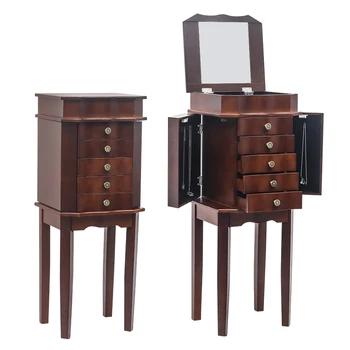 

Standing Jewelry Cabinet with Mirror 5 Drawer 6 Necklace Hook Top Storage Case 2 Side Swing Door High Quality Painted Brown