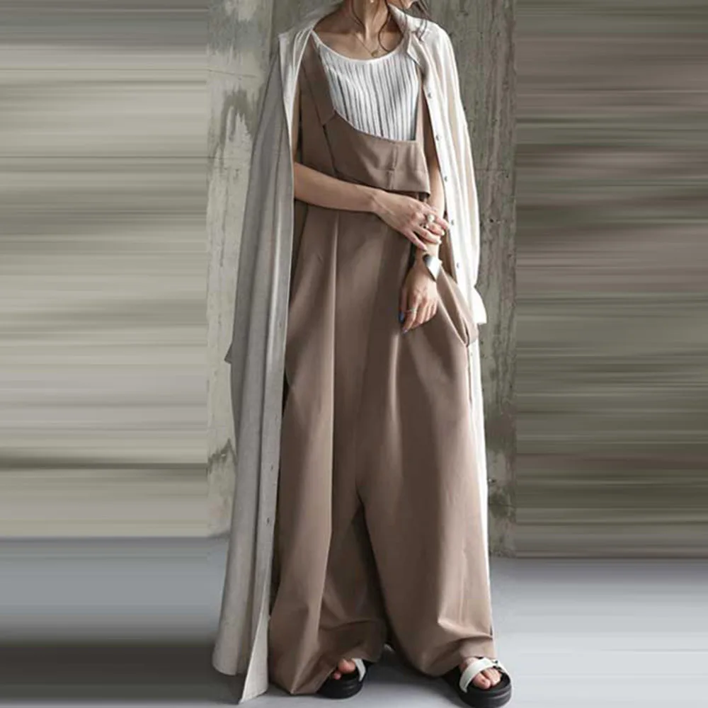 Jumpsuit Loose Women Black  Beige 2020 Summer Korean Janpan  Wide Legs Female Rompers Jumpsuits Casual Style Jumpsuits