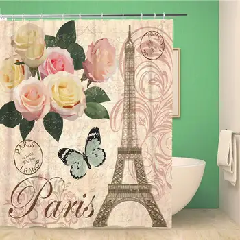 

Bathroom Shower Curtain Flower Paris Vintage Floral Sketch Retro Eiffel Drawing Pattern Polyester Fabric Waterproof Bath