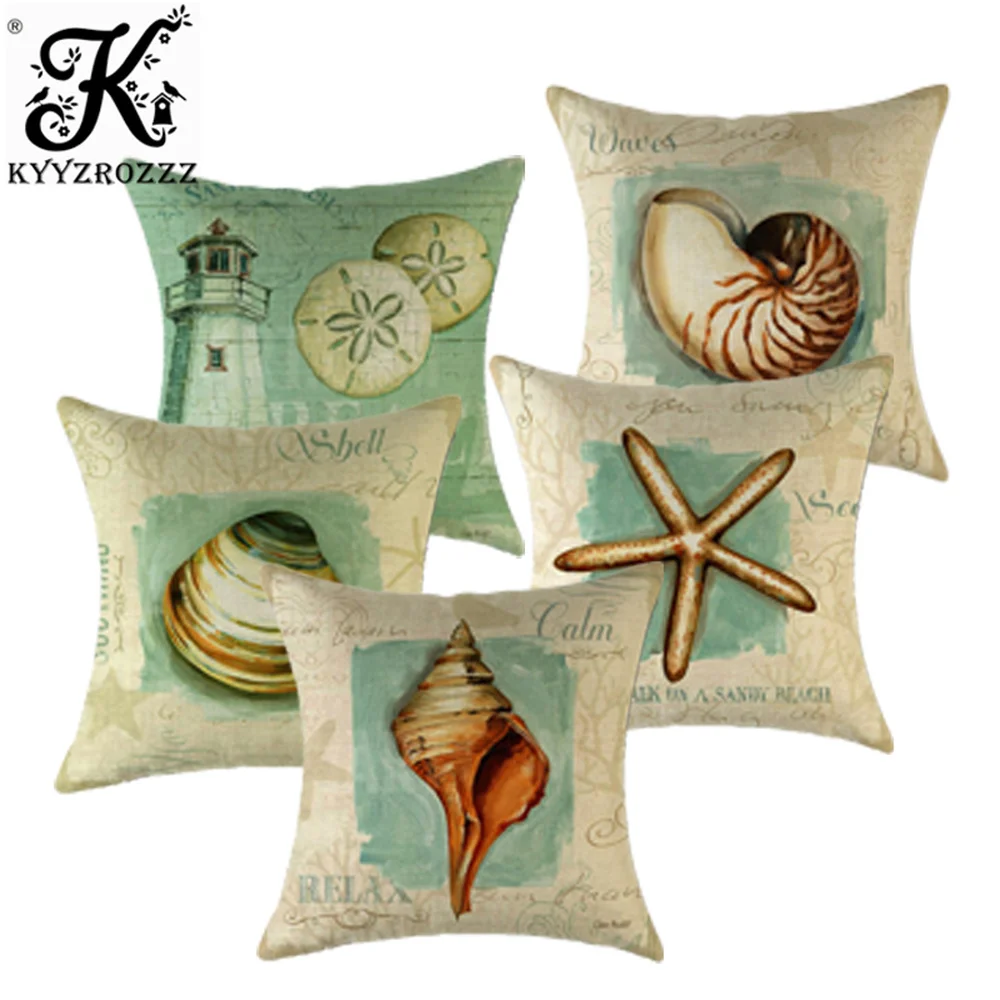 

European Retro Style Marine Creature Conch Shell Style Decorative Cotton Linen Throw Pillow Case Car Sofa Cushion Cover 45x45cm