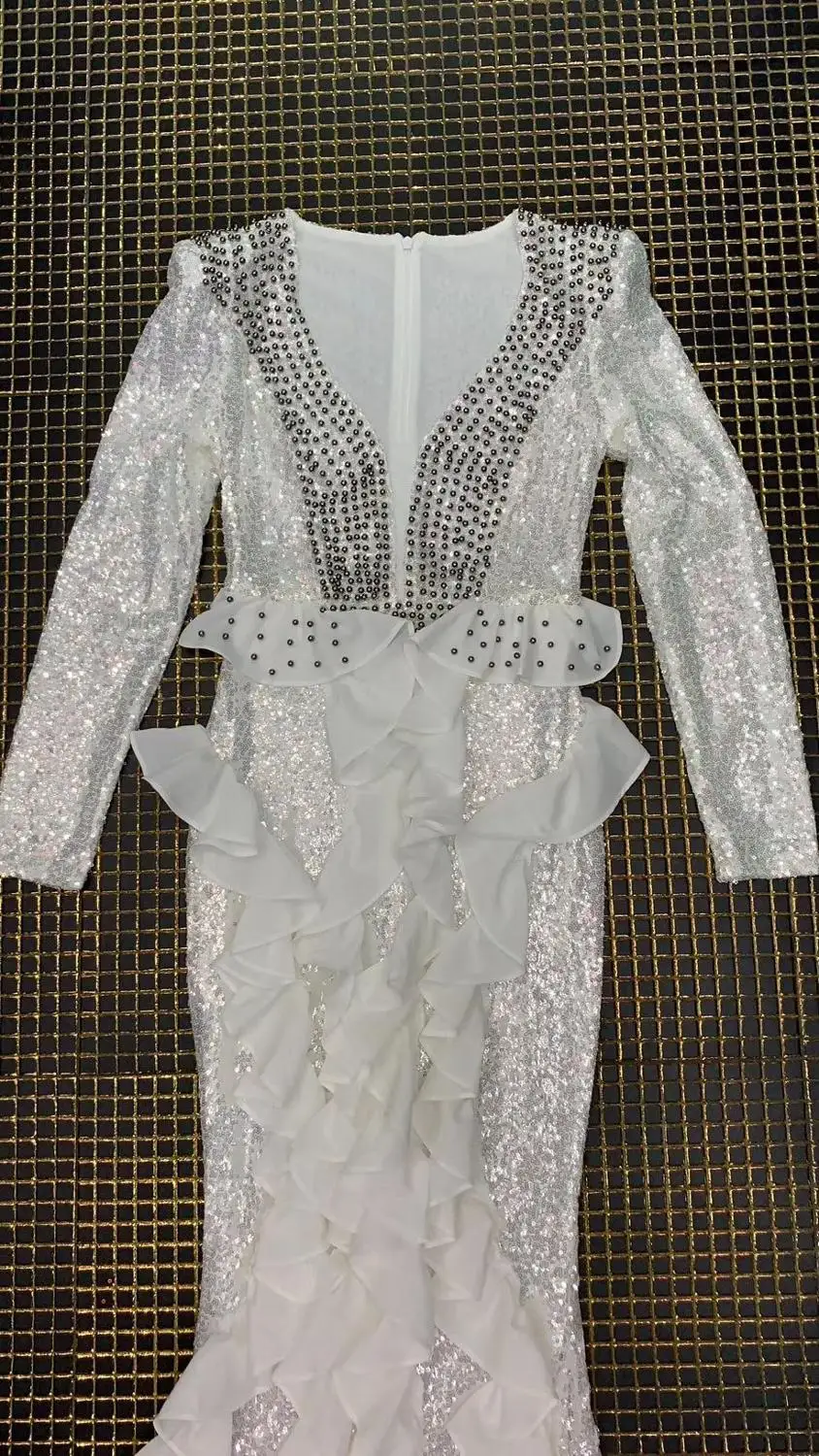 Новинка, женское элегантное белое платье с бисером и v-образным вырезом, длинным рукавом, платье знаменитостей, вечернее облегающее Бандажное платье