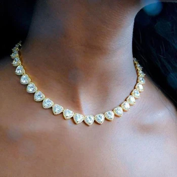 

Iced Out Bling AAAA Zircon Heart Tennis Chain Necklace Women Hip Hop Fashio Jewelry 10MM Gold Silver Color Heart CZ Choker