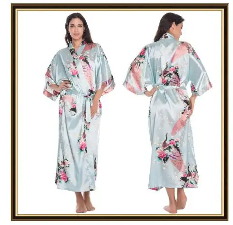 Half Sleeve Loose Style Woman Japanese Kimono Satin Silk Sleepwear Pajamas Peacock Spa Yukata Bathing Robe Lady's Long Dress