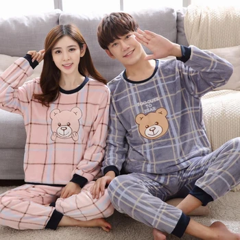 

Couple Long Sleeve Thick Warm Flannel Casual Striped Pajama Sets Women Winter Coral Velvet Sleepwear Pyjama Men Homewear Clothes