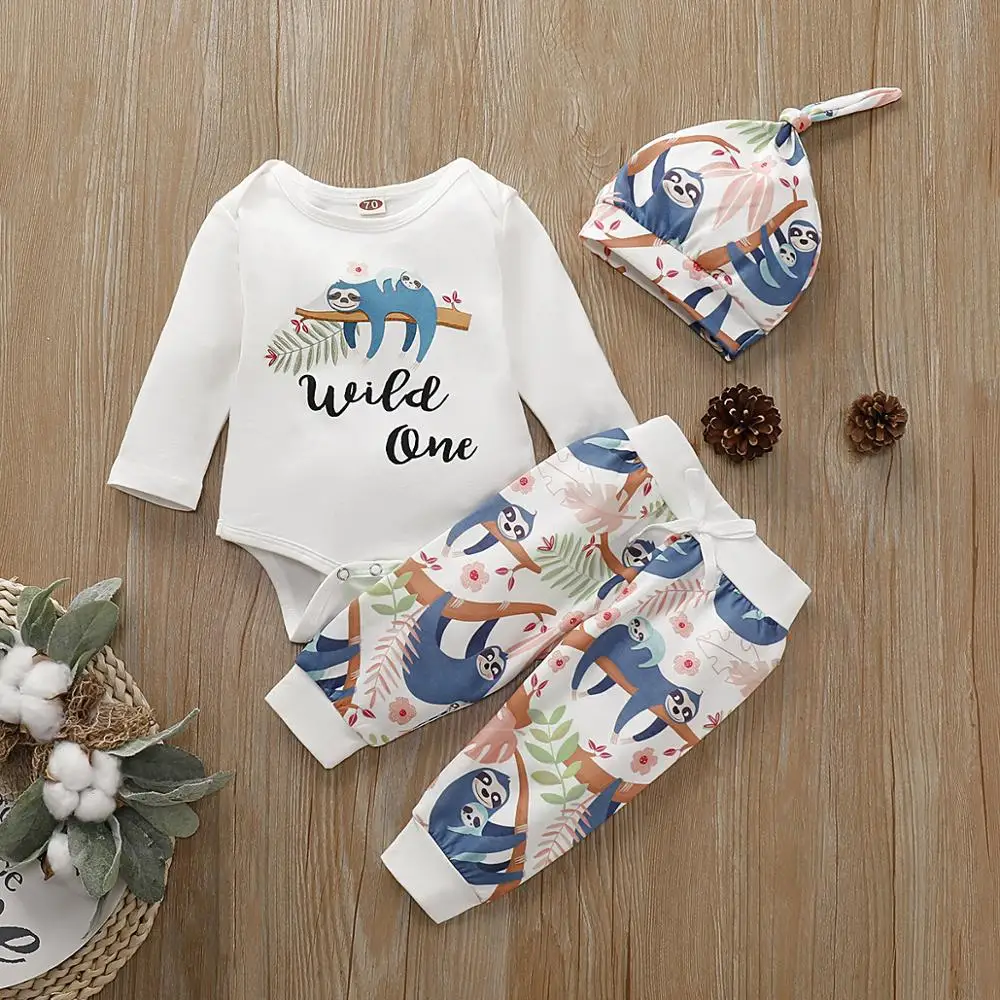 Baby Clothes Sets Newborn 3Pcs Cute Cartoon Print Romper + Pants + Hats Outfits Spring Autumn Infant Kids Costumes Children Wear