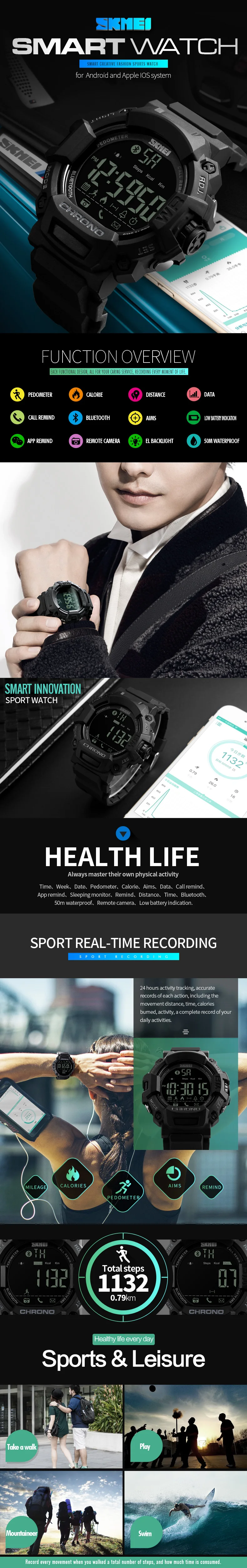 SKMEI Smart Sport Watch SKMEI Men Watches Waterproof Digital LED Bluetooth Electronic Wrist Watch For Men Clock Male