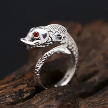 

925 sterling silver Ring Cute goldfish natural stone Adjustable Wedding Brand Big ring jewelry
