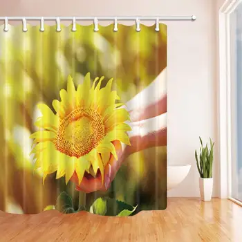 

3D Digital Printing Hand Holding Sunflower Shower Curtain Resistant Polyester Fabric Bathroom Decorations Bath Curtains Hooks
