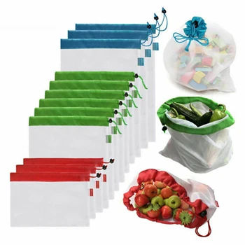 

3/6/915PC Reusable Mesh Produce Bags Fruit Vegetable Storage Shopping EcoFriendly Vegetable Fruit Drawstring Mesh Bags