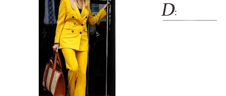Модные женские костюмы в деловом стиле двубортные Желтые Пиджаки с длинными рукавами и отложным воротником Длинные брюки в деловом стиле Z2759