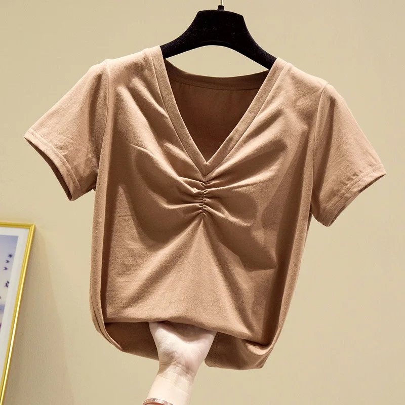 

MRMT 2024 Brand New Women's Tshirt t-Shirt For Female Tshirt Women's Solid Color V-Neck Ruffled Loose Top Short Sleeve t-Shirt