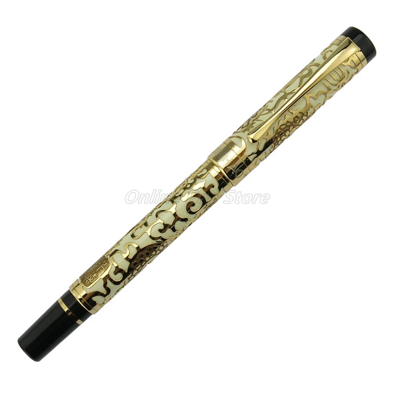 Jinhao-5000 메탈 드래곤 텍스처 조각 화이트 배럴 고급 펜촉 만년필, 사무실 학교 필기구 선물 펜 액세서리