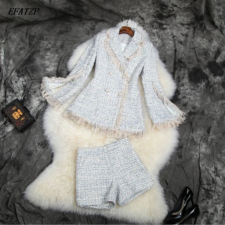

EFATZP Top Brand Runway Suit Women Fall Winter Tassel Plaid Tweed Woolen Jacket and Shorts Suit Two Pieces Set New Outfits