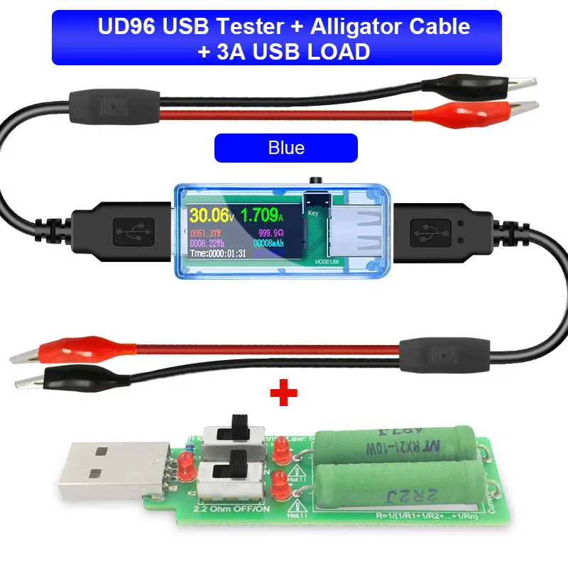 U96 USB Тестер DC Цифровой вольтметр amperimetro power bank зарядное устройство индикатор напряжения измеритель тока детектор+ нагрузка+ Аллигатор - Цвет: U96-L-alligator-3A