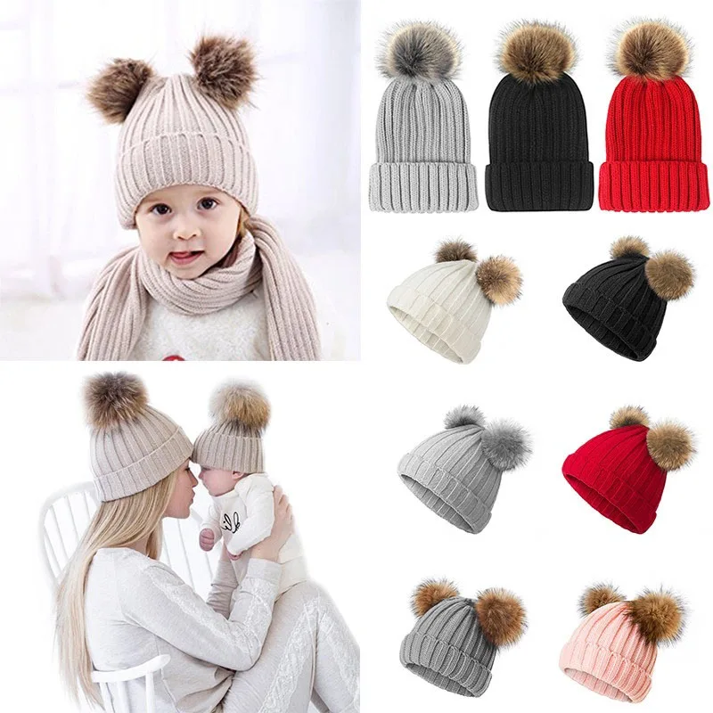 

Hat 1Pcs Mom Baby Kid Warm Raccoon Fur Bobble Beanie Cotton Striped Knitted Parent-Child Hat Beanie