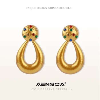 

AENSOA 2019 New Design Vintage Metal Big Water Drop Earrings For Women Ethnic Punk Large Dangle Earrings Rhinestone Jewelry