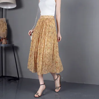 

Korean Style 2020 Summer New Chiffon Pleated Long Skirt Woman Elastic Waist Elegant Floral Print Skirt Bohemian Boho Skirt