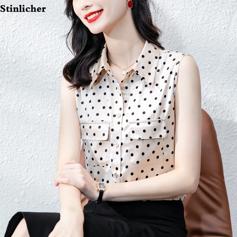 Casual Summer Sleeveless Polka Dot Silk Shirt Women Blouse Elegant