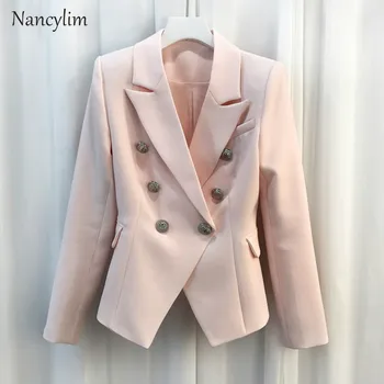

Plus Size Blazer Metal Buckle Double Breasted Slim-Fit Pink Suit Jacket Womens Blusa Jacket Jackets Office Ladies Small Coat