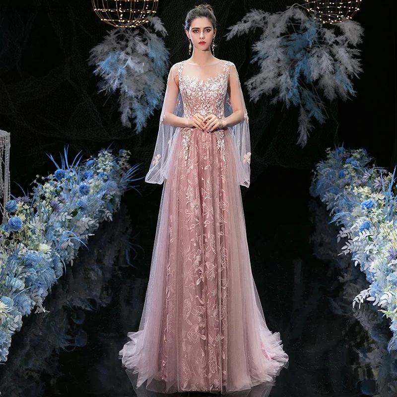 

2020 Sexy Prom Dresses Sheer Long Sleeve Rode De Soiree Pink See Through Pearls Sash Sequins Formal Chiffon Evening Gown