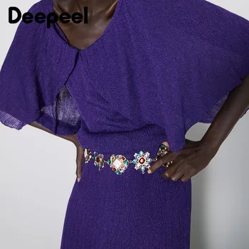 

Deepeel 1pc 5.9cm*70-90cm Women Colored Diamond Wide Cummerbunds Alloy Metal Flower Geometry Decorative Luxurious Girdle CB633