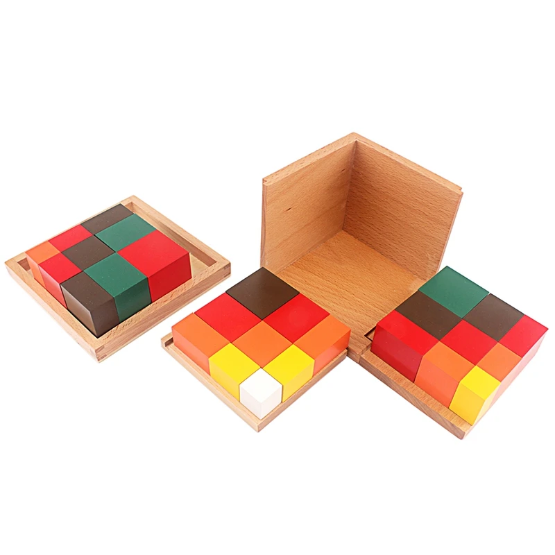 Montessori Materials Wooden Toys Colorful Trinomial Cubes Box Three Wooden Cubes Eighteen Square Based Prisms Student Teaching