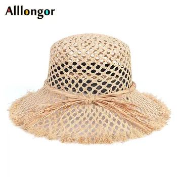 

Raffia Straw Hats Women Summer 2020 Bow hollow out breathability Wide Brim sombreros mujer verano Beach Cap rafia Sun Hat femme