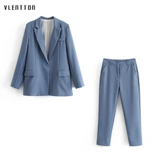 Осень, OL рабочие брюки, костюм для женщин, на одной пуговице, для офиса, леди, Блейзер, куртка+ штаны на молнии, синий, розовый, 2 предмета, комплект, женская верхняя одежда