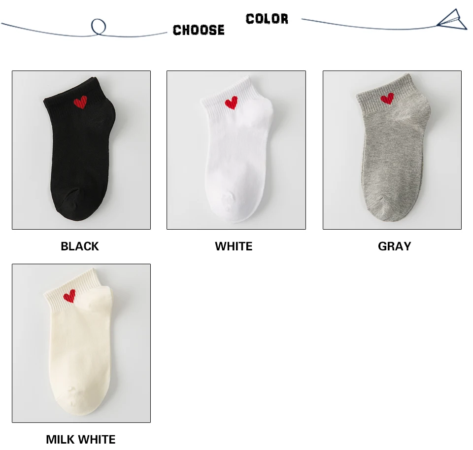 Manoswe Comfortable Heart Shape Woman White Short Socks Casual Breathable Girl Cotton Boat Socks Female Ankle Colorful 4 Pairs