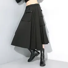 Женская Черная Асимметричная длинная юбка с карманами на пуговицах, женская уличная одежда в стиле хип-хоп, Готическая свободная повседневная юбка с завышенной талией