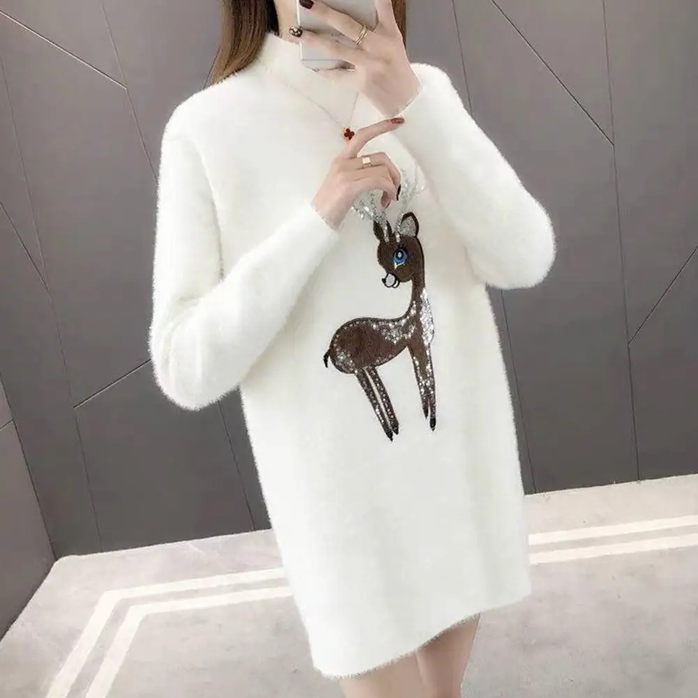 Mohair Winter Warm Christmas Sweaters Women Fleece FashionTurtleneck Knitted Sweater Dress Pullovers Long Knitwear Oversize