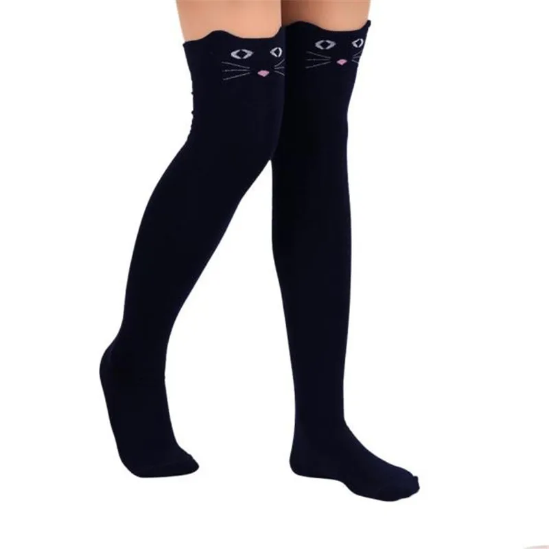 Женские мультяшный Кот Длинные носки выше колена высокие носки Длинные носки с принтом животных calcetines mujer divertido Зимние гетры - Цвет: Black