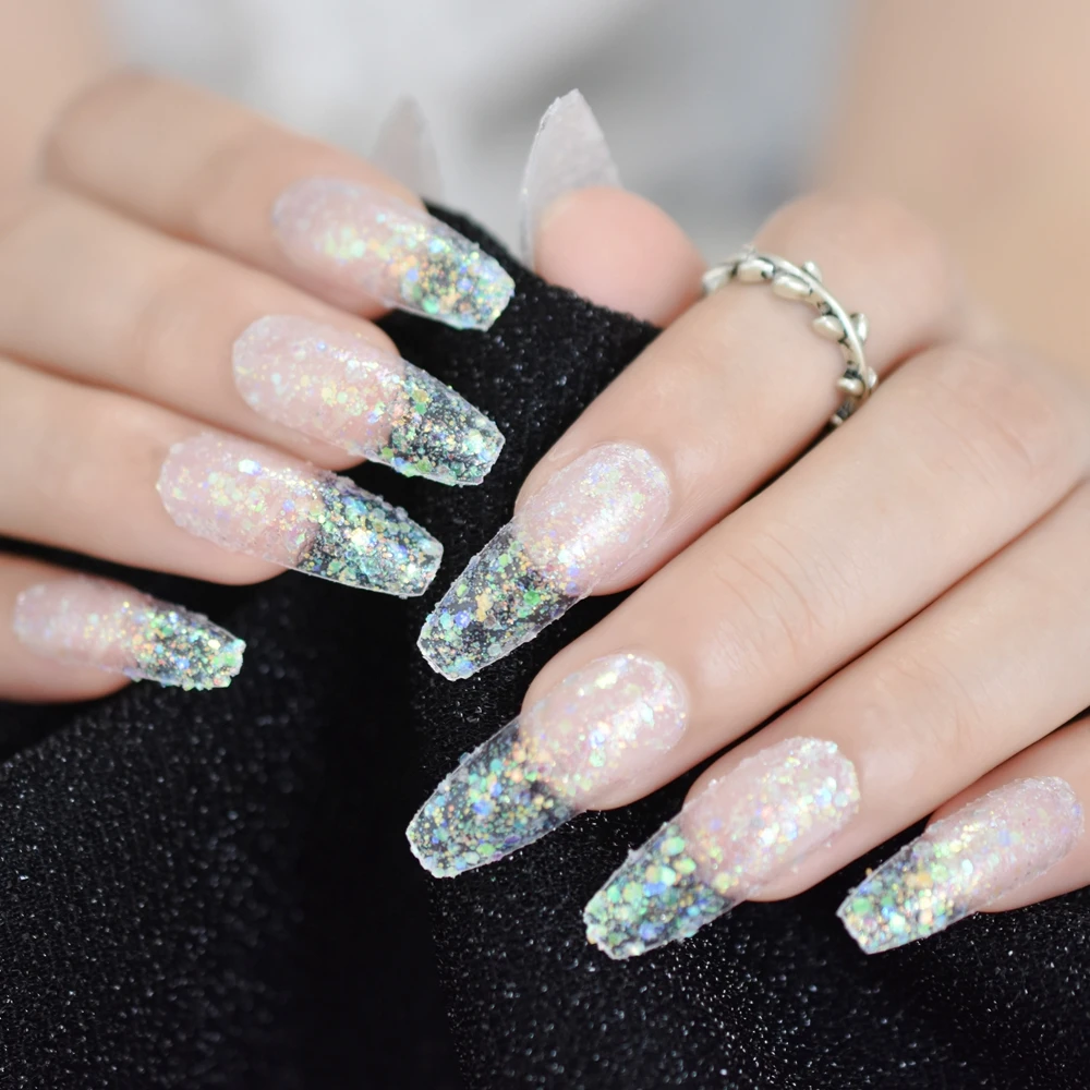 

Iridescent Paillette Press on False Nails Extra Long Ballerina Coffin Manicure Fake Nail Tip Daily Office Salon Finger Easy Wear