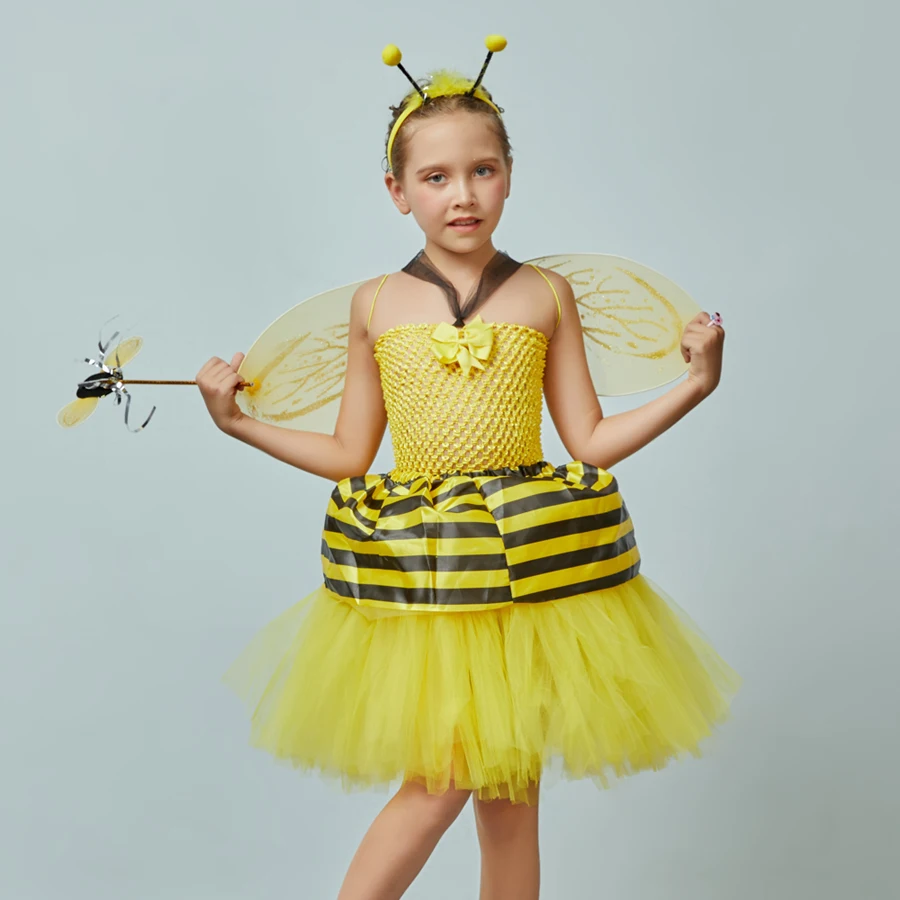 Girls Honey Bumble Bee Fancy Tutu Dress Costume Outfit Kids Fairy Halloween Dress Up Party Insect Animal Clothes Girl Dress (5)