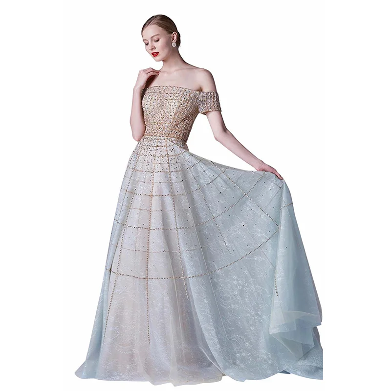 

Couture 2020 Gorgeous Sky Blue Off the Shoulder Evening Dress Gold Beading Evening Gown Tulle Party Dress Robe de Soiree