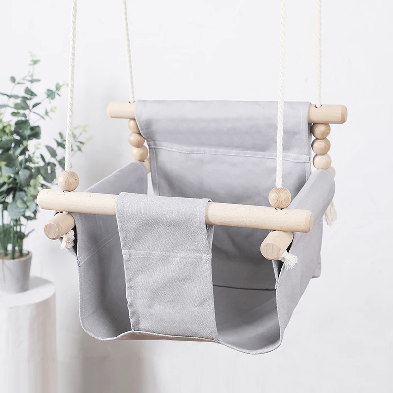 1Set Baby Swing Chair Wood Linen Hanging Chair Children Small Outside Indoor Swing Chairs Blue Kids Furniture Handmade Install