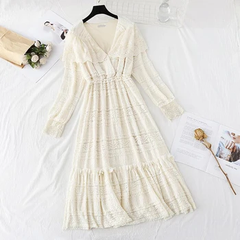 

Lace Dress Women Spring Vintage Solid V-neck Party Long Dress Elegant Long Sleeve Hollow out Ruffles Dresses Femme Vestidos